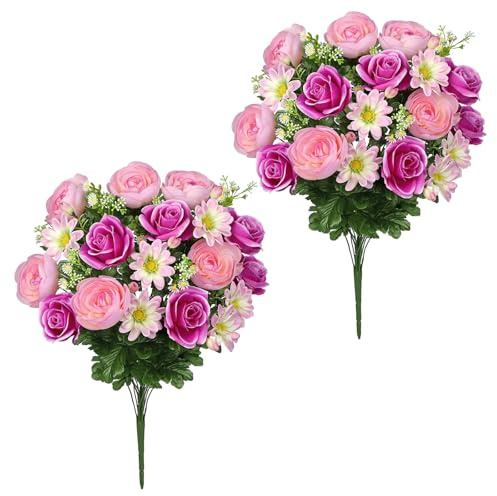 Hollyone 2er-Set Kunstblumen Grabgesteck Künstliche Friedhofsblumen für Grab Gedenkblumen mit Violett Rosen Ranunkeln Gerbera Gestecke für Friedhöfe Künstlicher Blumenstrauß Seidenblumen Grabschmuck