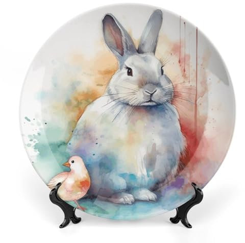 Assiettes à dîner en porcelaine anglaise lapin et oiseau - Grandes assiettes décoratives de 25,4 cm pour présentation - Assiette désert en céramique avec présentoir - Assiette en porcelaine