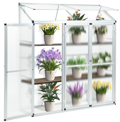 Anlehngewächshaus aus Aluminium, kompaktes Tomaten-Gartenhaus, Anlehngewächshaus aus Aluminium, Kleiner Tomatenanbau, 3 Türen, 190 x 52 x 182 cm, silberfarben, ideal für Urban Gardening, pla