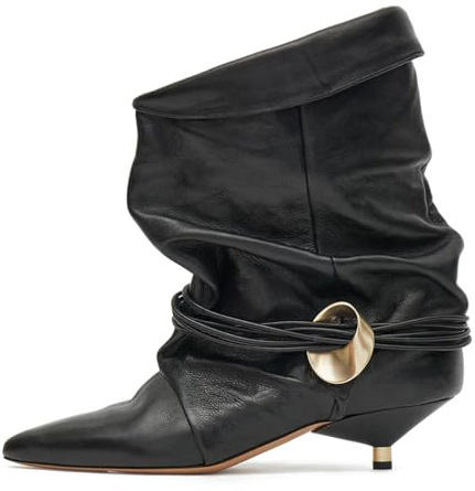 Seborluys Womens Black Slouchy Kitten Heel Ankle Boots Wide Calf Fold Over Slouch Cowboy Boots Pointed Toe Low Kittens Heel Slip On Slouch Boho Causal Dressy Comfortable Short Booties,Size 7.5