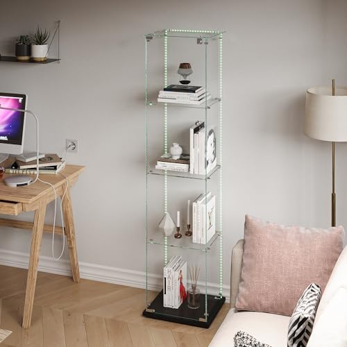 JYCRA Glasvitrine mit 4-Regalen,LED-Vitrine mit 1-Türen und Schlössern,Spiegeleffekt,Glasvitrine Stehend Für Sammlerstücke Bücher Wein,Schlafzimmer und Wohnzimmer,40x35x163cm (Schwarz B, 40x35x163cm)