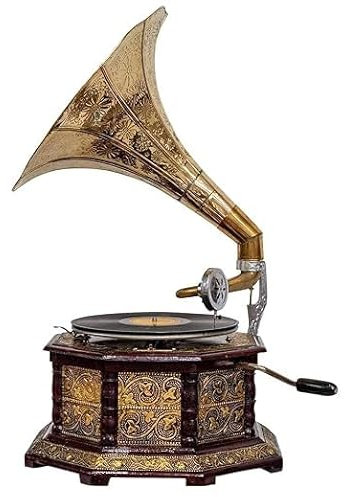 Decorative Vintage Replica Gramophone (Wooden & Brass, 78 RPM, Demo Disc Included)