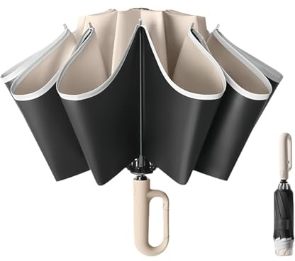 Compact Inverted Umbrella with Carabiner Handle, Large Travel Umbrella Windproof Strong, Automatic Umbrellas for Wind Rain, Auto Open Close Sun Umbrellas, 10 Rib Durable Frame for Women Men (Khaki)