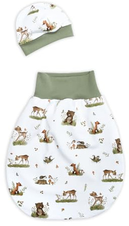 Strampelsack Waldtiere - Fuchs Hase Rehkitz - ab Frühchen Größen - handmade - für Sommer oder Winter (einlagig (ungefüttert), creme-olivgrün, 05 (86-92))