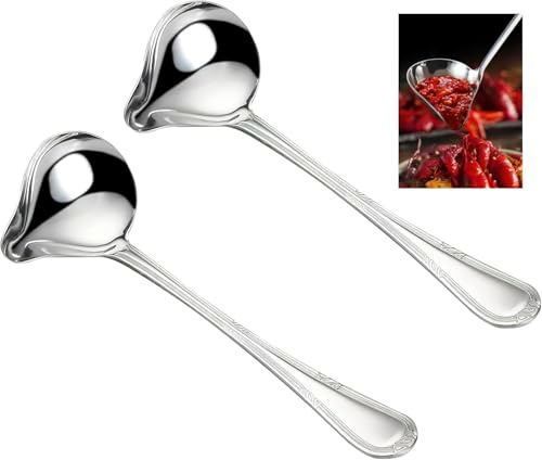 EHOENTROPY Lot de 2 cuillères à sauce en acier inoxydable argenté - 20 cm - Cuillères à sauce avec bec verseur - Petite louche à sauce pour vinaigrettes, sauces à soupe, sauces frites, petites louches