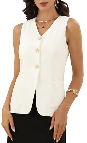 Allegra K Cotton Linen Suit Vest Top for Women Summer Sleeveless Button Fitted Blazer Waistcoat Business Casual Outfits Medium Cream White