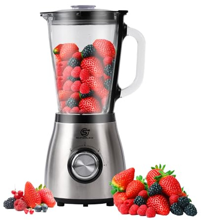 SUPERLEX Blender 800W Powerful Smoothie Blender with 1.5L Glass Jug Stainless Steel Blades 2 Speeds Pulse Function Ice Crush Milkshake Maker Food Processor Mixer Grinder Easy Clean Jug Blender