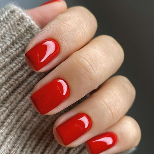 Ceboic 24 Stück Rot Fake Nägel Kurze Eckig, French Tips Press on Nails, Natürlich Elegant Acryl Full Cover Künstliche Fingernägel, Glänzende Reine Farbe Kunstnägel zum Aufkleben für Frauen Mädchen
