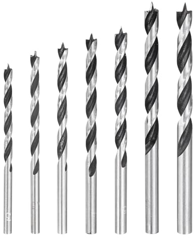 sourcing map Brad Point Drill Bit Set 3/3.5/4/4.5/5/5.5/6mm Dia Straight Round Shank Metric Brad Point Spiral Twist Drill Bits for Softwood Hardwood Plywood Plastic Rubber, Silver Tone