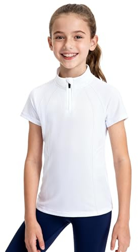 JOCMIC Girls Short Sleeve Equestrian Shirt Horse Riding Shirts Half Zip Kids for Golf Yoga Running White 7-8 Years