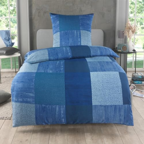 Kuscheli 2-teilige Bettwäsche 135x200 – Mikrofaser Oeko-TEX, 1 Bettbezug 135x200 & 1 Kissenbezug 80x80, Reißverschluss, weich & bügelfrei – Blau Karo
