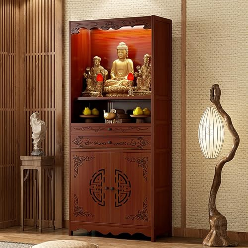 Buddha Altarskåp med Låda, Buddhistisch Altarmöbel och Nischhylla i Trä, Kinesiskt Altarebord med Sockel för Offer, Personlig Helgedom för Kontor och Meditation(70cm)