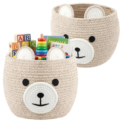 Goshoppers 2 pièces corbeille en corde de coton, Aufbewahrungskorb Kinder mit Griffen&Bearen-Design Lauschekorb Kinderzimmer Baby Korb für Aufbewahrung Essentials pour nourrissons et nouveau-nés