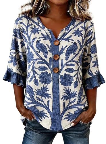 Camicia Donna Lino Manica 3/4 Camicetta Estiva con Volanti Fiori Fantasia Elegante Curvy Blusa Scollo a V con Bottoni Casual Leggero Comode Maglietta Tops Moda Taglie Forti T Shirt Classico Maglia Tee