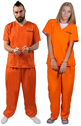 STRÄFLINGS PAAR KOSTÜM VERKLEIDUNG+HANDSCHELLEN= 2 TEILIG ANZUG IN ORANGE MIT DER AUFSCHRIFT PRISONER AUF VORDER+RÜCKSEITE=GEFÄNGNISS FASCHING KARNEVAL HALLOWEEN JUNGGESELLENABSCHIED=MEDIUM+LARGE
