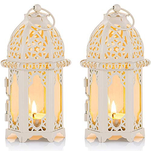 NUPTIO Ramadan Lantern Decorations for Home: Metal Glass Moroccan Tealight Candle Holder Eid 2 Pcs Fanoos Ramadan Wedding Table Decoration Hanging Patio Indoors Outdoors, White
