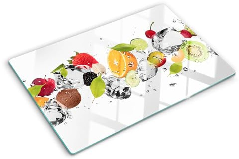 Tagliere in Vetro Temperato 80x52 cm con Stampe da Cucina Durevole e Igienico Rettangolare Resistente al Calore con Piedini Antiscivolo Antigraffio Facile da Pulire - Frutta e acqua