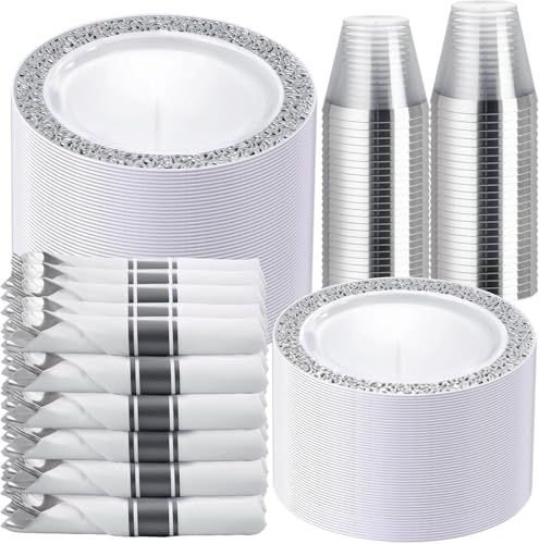 WELLIFE 350 Pieces Silver Disposable Plastic Dinnerware, Includes:50 Dinner Plates, 50 Dessert Plates, 50 Cups, 50 Pre Rolled Napkins with Silver Cutlery