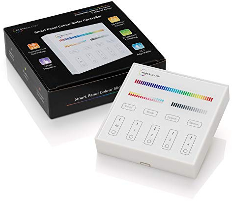 Auraglow Wireless Wall Light Switch, Four Zone RF Remote, Touch Glass | 2.4GHz programmable controller for colour changing lamps, brightness and temperature adjustment, battery powered