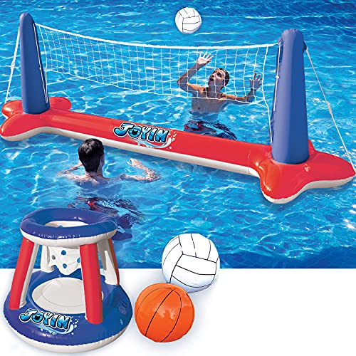 JOYIN Galleggianti gonfiabili per Piscina, Rete da pallavolo e canestro da Basket, Gioco di Nuoto Galleggiante per Bambini e Adulti, galleggianti Estivi, Giochi Estivi per Sport Acquatici, Rosso