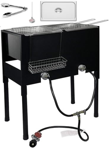 Triple Propane Deep Fryer-3 Basket Stainless Steel Cooker-8 Gal. Oil Capacity-32 QT.-Outdoor Fish Fry/Turkey/Chicken Wing Fryer Cart-148,000 BTU with Hose and Regulator-Ideal for Home & Commercial