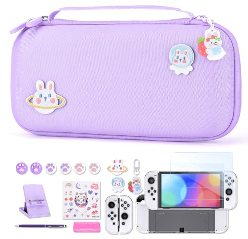 Switch OLED Zubehör Paket - 18 in 1 Bundle mit Hülle, Switch Spielehülle, OLED Bildschirmschutz, Ständer, Daumengriffe (Lila)