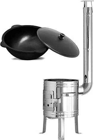 4BIG.fun Ø35 Uchak de acero inoxidable con tubo de extracción Uchag Horno de camping horno goulash caldera 8L Kazan Kazan Kazan Cañón goulash Húngaro olla de cocina de campo