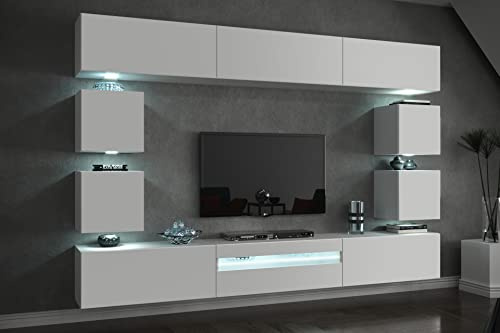 FURNITECH Wohnwand - Modern Wohnzimmer Schrankwand mit LED RGB, 16 Farben, Hängend, Regale und TV Schrank (Future C81-18W-M4 1A Matt)