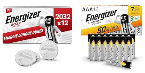 Piles Bouton Energizer Lithium 2032, Paquet de 12 & Alkaline Power AAA, 16 Pack