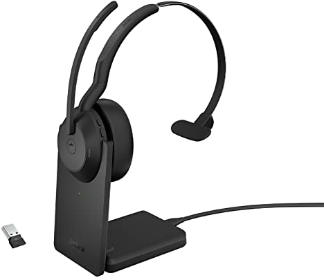 Jabra Evolve2 55 Micro-casque sans fil mono avec base de chargement, Jabra Air Comfort, micros à réduction de bruit et ANC. Certifié MS Teams, fonctionne avec toutes les plateformes - Noir
