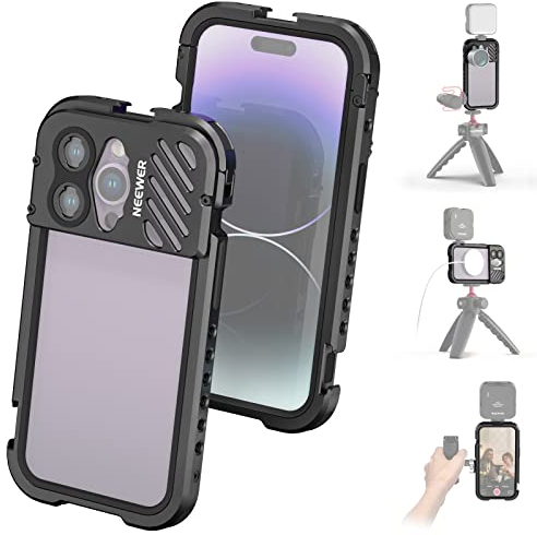NEEWER Cage de Téléphone pour iPhone 14 Pro, Alliage d’Aluminium, Stabilisateur de Téléphone pour Vidéo, 2X Cold Shoes & 10 filetages 1/4, Compatible avec Monture M et MagSafe, PA006