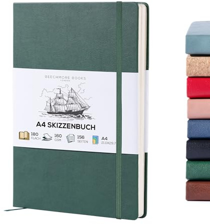 BEECHMORE BOOKS Quaderno da disegno A4 (21 x 29,7 cm) – 156 pagine, 160 g/m² | Copertina rigida in similpelle, apertura piatta, sketchbook bianco, confezione regalo, pagine perforate, diario artistico