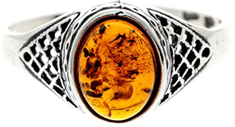 SilverAmber Jewellery - Anillo celta ovalado de plata de ley 925 y ámbar báltico - AR8, Medium, Piedra preciosa.