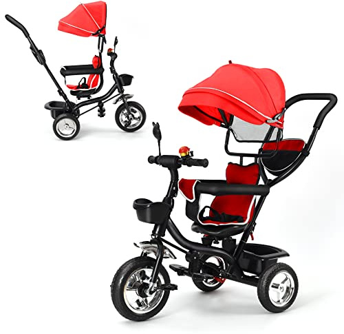 SHISHI Dreirad für Kinder, Mitwachsend, Wendbarer Sitz, Stauraum, Sonnenblende, Teleskopstock, Abnehmbare Pedale, Schiebbar, Rot