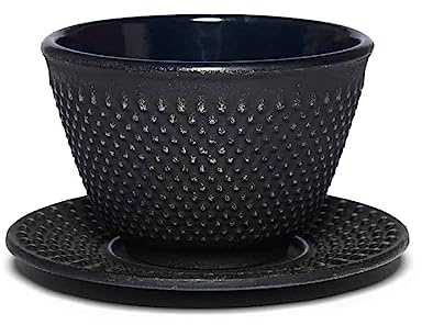 Teeladen Herzberg Maoci Gusseisen Teecup/Teeschale/Teetasse Arare schwarz-silber mit Unterteller