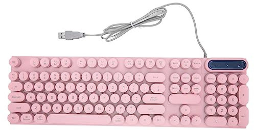 Asixxsix Retro Wired Gaming Keyboard, Led Backlit Typewriter Style Mechanical Gaming Keyboard with 104 Round Keys, Multimedia Keys, Ergonomic USB Keyboard for Office Desktop Laptop (Pink)