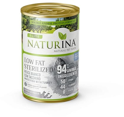 NATURINA - Elite Umido Sterilized per Cani Pesce Bianco con Tacchino di Qualità, Mantiene la Forma Snella, Senza Grano Coloranti e Conservanti, per Cani Sterilizzati, Made in Italy, 12 Lattine da 400g