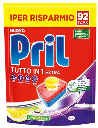 Pril Tutto in 1 Limone & Lime, Detersivo Lavastoviglie in Tabs per Piatti Sempre Puliti, Confezione risparmio da 92 tabs