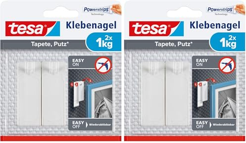 tesa Powerstrips, Clavo Adhesivo para Yeso y Papel Pintado, Gancho Reutilizable Doble Cara para Cuadros y Objetos Decorativos, Fijación de 1.0 kg, 2 Unidades, Blanco (Paquete de 2)