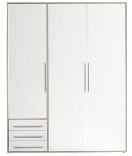 LYSS Kleiderschrank 3-türig Weiß Eiche San Remo 155 x 194 x 58 cm (B/H/T) | Schlafzimmerschrank mit 2 Einlegeböden, 3 Schubkästen, 1 Kleiderstange und 1 festem Boden im Wohnstil Weiß-Eiche