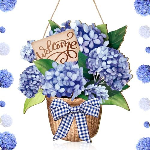 Barydat Summer Door Decorations Blue Hydrangea Wreaths Sign Flowers Floral Door Hanger Rustic Wooden Welcome Hanging Wreath Decorations for Summer Front Indoor Home Porch Wall Windows
