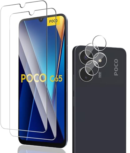 Phlleyaa Protector de Pantalla para Xiaomi Poco C65 / Redmi 13C,Cristal Vidrio Templado 2 Piezas y Protector de Lente de Cámara 2 Piezas,9H Dureza Anti-Arañazos para Redmi 13C Vidrio Templado