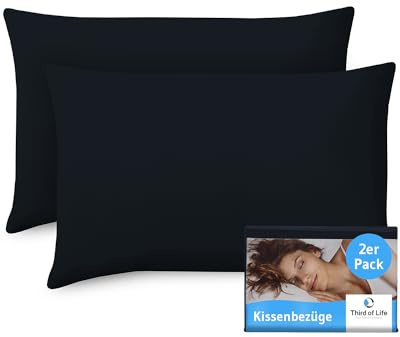 Kissenbezug 40x60 cm Schwarz Doppelpack, Mit Premium Mako-Baumwolle | Kopfkissen-Bezug für 40 x 60 Kissen, 2-er Set Polsterbezug für Seitenschläferkissen/Kinder-Kissen, Oeko-TEX zertifiziert