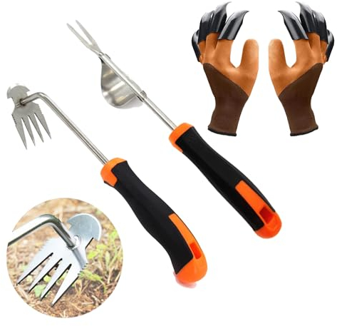 sarchiatori in acciaio inox, sarchiatore di radici con manico in gomma, trapianto, sradicamento, regalo per giardinieri, regalo per giardinieri (2 strumento di diserbo + 1 paio di guanti artiglio)