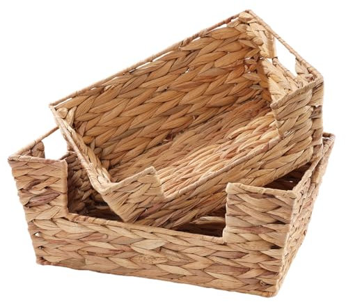 Körbe Aufbewahrung Geflochten zum Organisieren, 2er Set Rattankorb aus Gewebtem, Aufbewahrungskörbe für Regale, Stapelbar Flechtkörbe, Arbeitsplatte Regal Schrank Organizer, Wasserhyazinthe