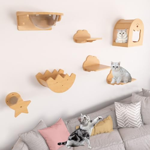 Wandmontierte Katzen Kletterwand, Katze Wandelement und Sitzstangen für die Wand, Katzenwandmöbel-Set, DIY-Kombination(Style8)