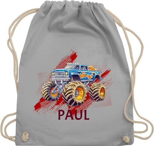 Turnbeutel Rucksack - Auto - Monstertruck mit Name | Monster Truck Personalisiert | Riesentruck - Unisize - Hellgrau - kinder kindergarten wechselbeutel cars automotiv stoffbeutel junge