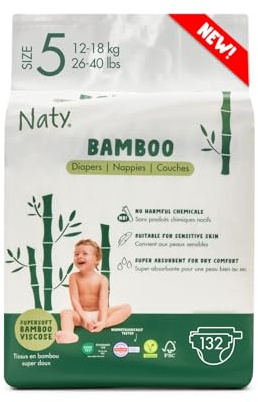 Naty Bamboo bambuviskosblöja – Silkeslen, växtbaserade blöjor, dermatologiskt testade för känslig hud och superabsorberande (Storlek 5, 132 antal)