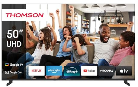 THOMSON 50 Pouces (127cm) 4K Ultra HD Smart Google TV, Wi-FI,Dolby Audio, HDR10, Bluetooth 5.1, Triple-Tuner (Câble/Satellite/Antenne), HDMI, CI+, A+ Panneau - 50UG4S14