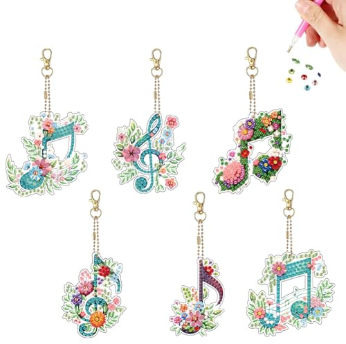 RuiDay Diamond Painting Porte Clé, 8 pcs 5D Diy Porte-Clés, Diamond Painting Enfant Oiseau Broderie Diamant, Diamant Porte Clef Artisanat Pendentif Cadeau (Notes de musique-6pcs)